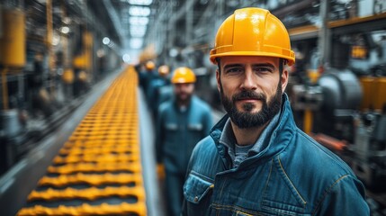 Workers in a factory setting focus on production line with machinery and safety gear visible