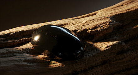 Obraz premium Polished Obsidian Stone Nestled On Textured Driftwood Branch In Warm Sunlight