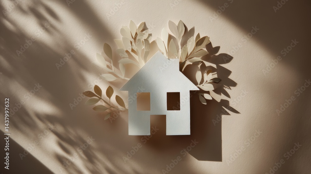 Poster a close-up view captures a paper cutout of a house and tree on a soft beige backdrop with gentle sha