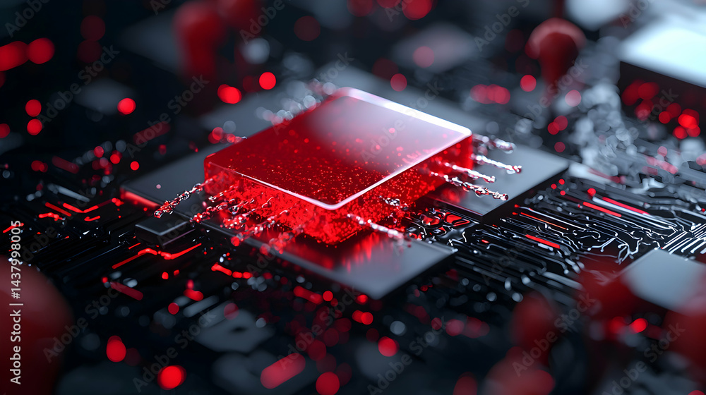 Poster an abstract depiction of a glowing computer chip a red crystal-like object surrounded by circuit boa
