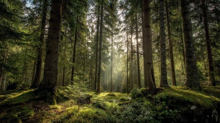 Fototapeta premium Sunlit Forest Path Lush Green Canopy and Mossy Ground