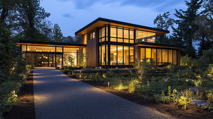 Obraz premium Modern house illuminated at night with soft pathway lights, creating warm ambiance