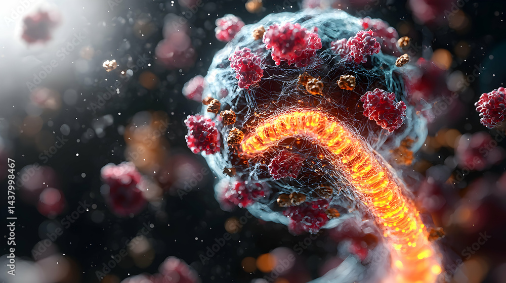 Poster an artistic depiction of a virus showcases its structure and surrounding particles. suggesting use f