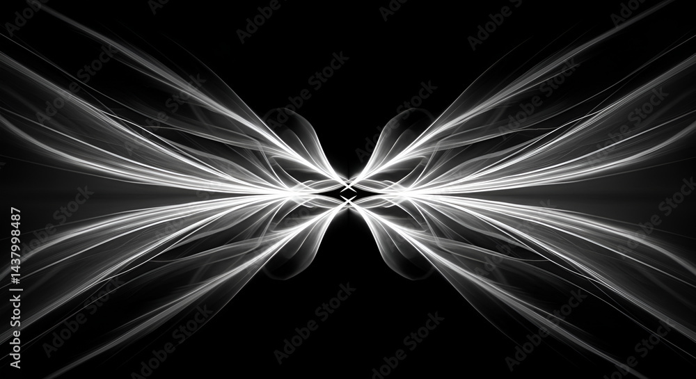 Poster symmetrical luminescence white lines pattern on black backdrop for modern art