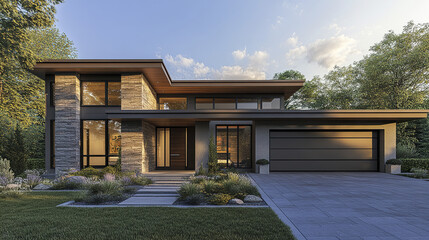 Modern house with flat roof and attached garage, featuring clean lines and natural materials