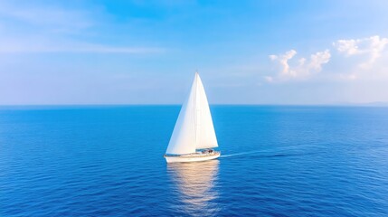 Obraz premium White sailboat glides across serene blue ocean