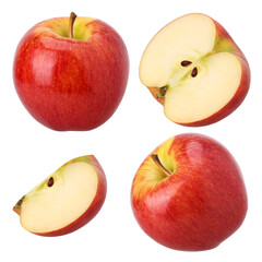 red apple, half and slice isolated, red apple macro studio photo, transparent PNG, PNG format
