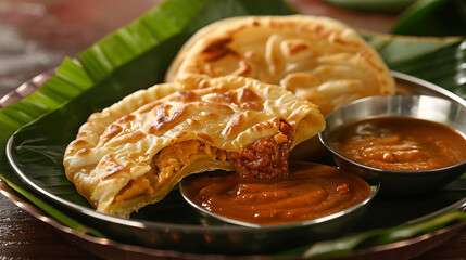 Flaky, golden stuffed parathas served on a banana leaf with two rich, flavorful curries, showcasing traditional Indian or South Asian cuisine in a rustic setting.