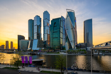 Skyscrapers of Moscow City business center, Moscow river and embankment in Moscow, Russia. Architecture and landmark.