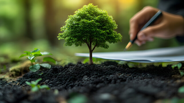 Businessperson reviewing document with tree image, symbolizing ESG awareness