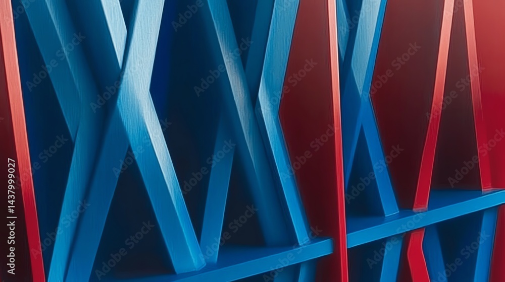 Poster abstract blue and red geometric structure with angular lines
