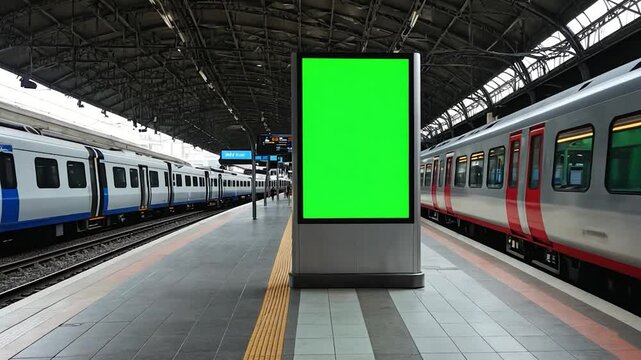 Modern train station platform with advertisement billboard and train passing