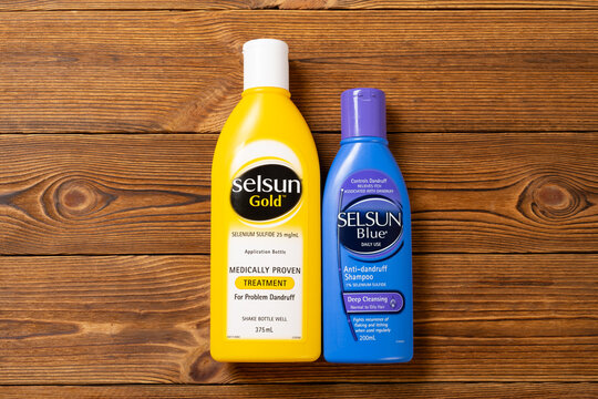 Zhongshan,China-August 22,2023: Selsun Gold medically proven treatment for problem dandruff shampoo and Selsun Blue at horizontal composition.