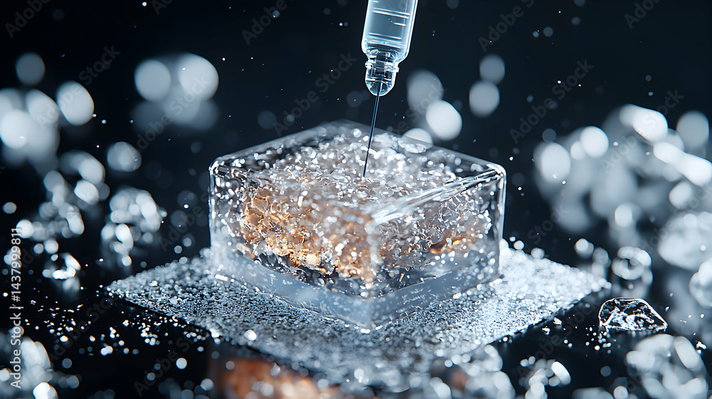 Poster this image shows a syringe injecting a liquid into a cube of ice. the composition creates an intrigu