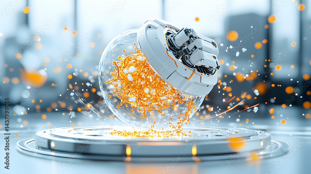 Poster a futuristic lab scene features a glowing orb within a robotic mechanism representing scientific adv