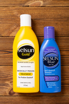 Zhongshan,China-August 22,2023: Selsun Gold medically proven treatment for problem dandruff shampoo and Selsun Blue at vertical composition.
