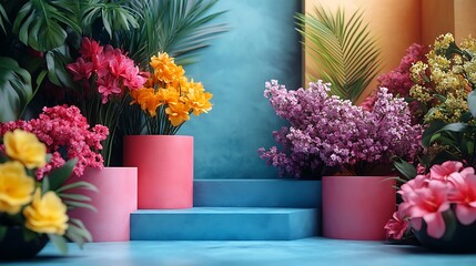 Colorful Flowers Arranged on a Blue Platform