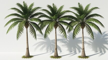 Obraz premium Three realistic palm trees, isolated on a white background, feature tall, textured trunks, lush green fronds, visible coconuts, and subtle shadows for a natural look.