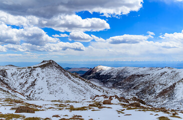 Colorado, Panorama of winter mountains, snow-covered slopes of Pikes Peak mountains, USA.