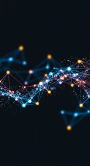 Abstract network of glowing dots and lines connecting on a dark background creating a complex web