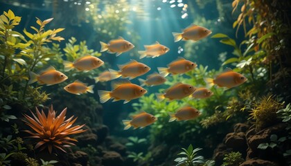Serene Underwater Aquarium Harmonious Rasbora Fish School
