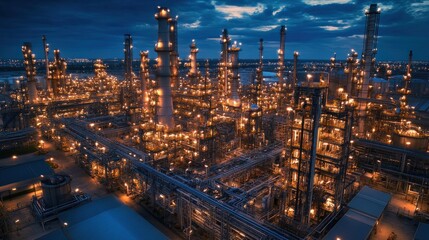 Fototapeta premium Night View of a Massive Oil Refinery Complex: An Aerial Perspective of Industrial Power and Energy Production