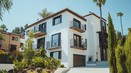 Newly painted residential building with smooth stucco and modern design, surrounded by greenery