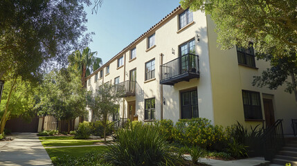 Newly painted residential building with smooth stucco and lush greenery surrounding it
