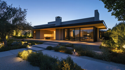 Fototapeta premium Modern home exterior with elegant lighting at night, showcasing serene atmosphere