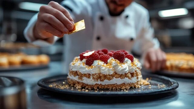 A skilled chef meticulously adds the final touches to a beautifully crafted cake, with vibrant berries and delicate details.