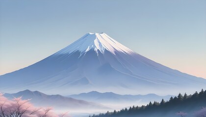 The majestic Mount Fuji stands tall in a serene landscape, bathed in soft morning light.