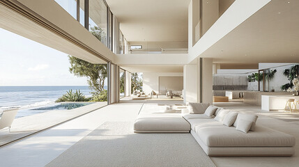 Fototapeta premium Modern open plan living room with sea view, featuring large windows and minimalist design