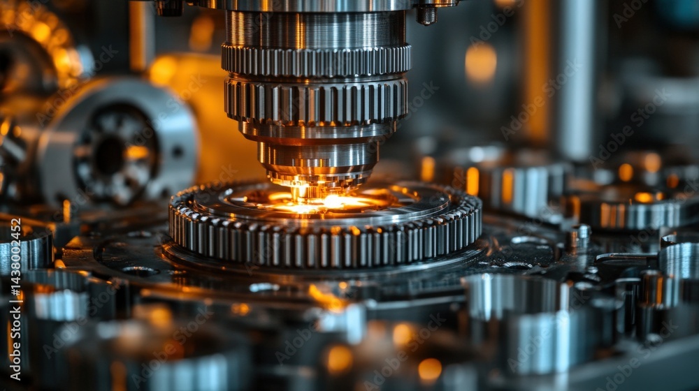 Aufkleber close-up of a precision machine tool cutting metal in a workshop with gears and machinery