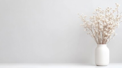 A white ceramic vase holding dried flowers on a minimalist white surface, elegant and simple interior design composition, and serene and calm atmosphere.