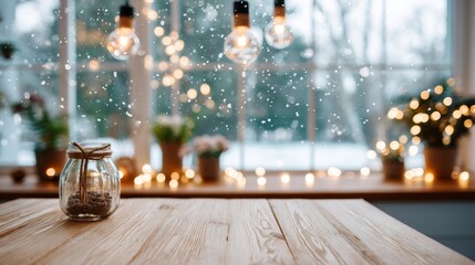 Light wooden tabletop provides ample copy space against a cozy interior adorned with twinkling lights and soft snowfall, evoking a warm holiday ambiance