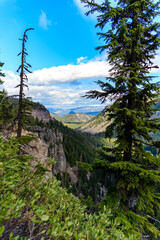 High mountains covered with dense forest, a lake in the distance, Montana, USA