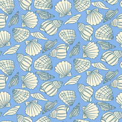 Seamless pattern with white seashells on blue background. Elegant marine design for textiles, paper, and beach-themed decor
