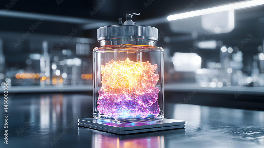 Poster a futuristic energy concept showcasing a glowing core contained within a glass jar. it suggests adva