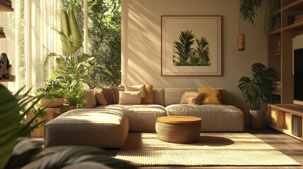 serene living room with earthy tones, natural light, and lush greenery creates calming