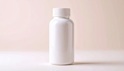 A clean and modern medicine bottle with a plain white label and lid. The bottle has a sleek, minimalist design and is sitting on a clean surface
