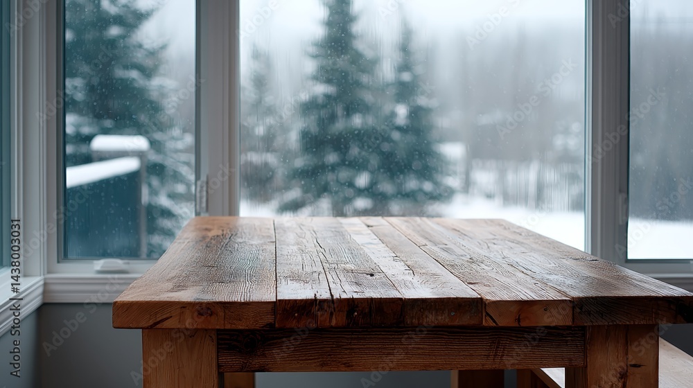Aufkleber A rustic wooden table stands in front of a large frosty window, with soft daylight illuminating the space and snow-covered trees blurred in the distance