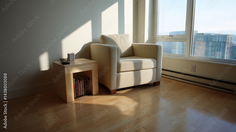 Poster sunlight fills a stylish reading nook with a comfortable armchair and side table. this minimalist sp