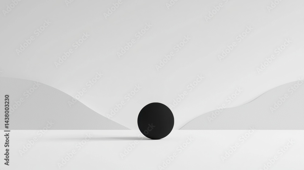 Poster a minimalist black sphere sits on a white platform, with a subtle wave pattern behind it.