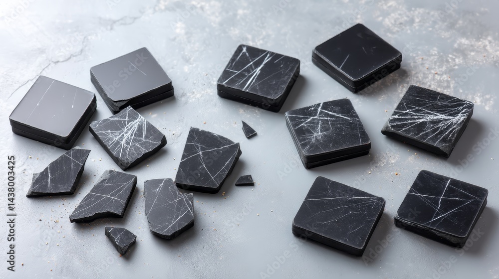 Poster multiple torn black cardboard pieces are arranged on a textured neutral surface, showcasing scratche