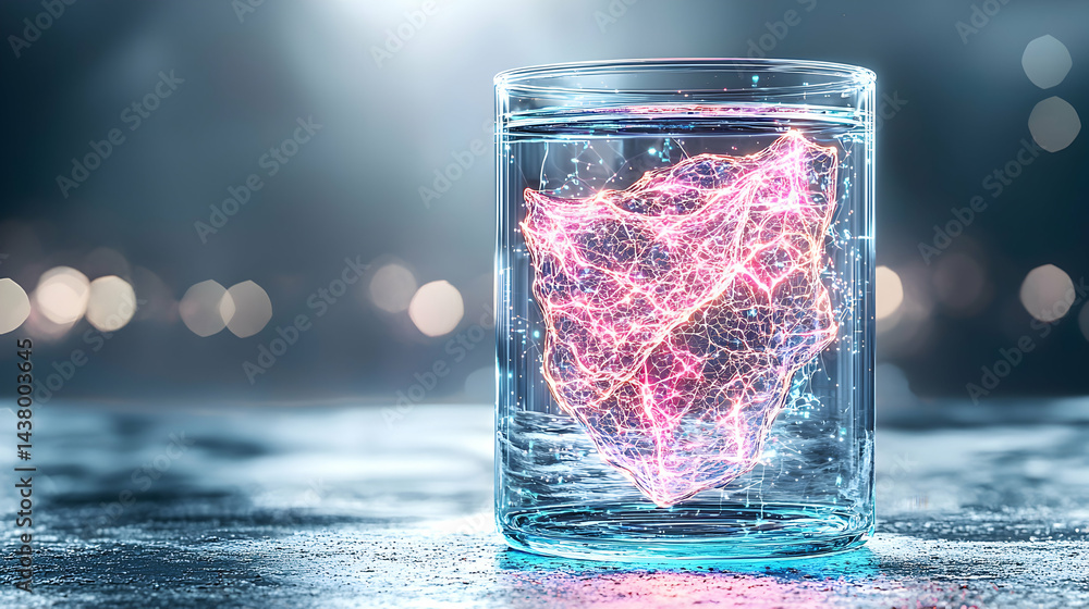 Poster a glowing structure encased in water. it suggests data processing or energy containment. use it for 