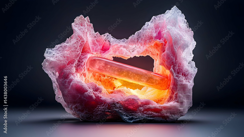 Poster an abstract image featuring a glowing pill within a layered organic structure. it could be used in m