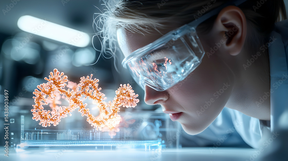Poster scientist examines a holographic model of a virus in a lab setting. suitable for articles and presen
