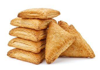 Stack of puff pastry squares and triangles isolated on white background