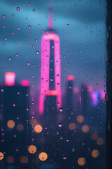 City skyline illuminated at night with neon lights and raindrops on a window