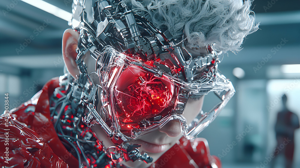Poster futuristic cyborg artwork. suggests advanced technology possibly augmented humanity. exploring theme